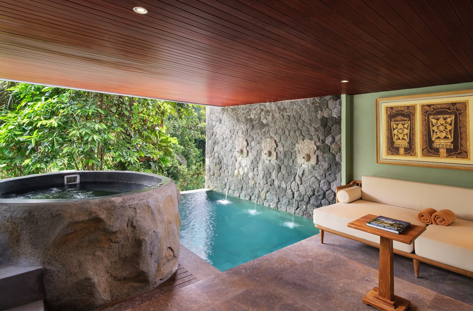 Jungle View Duplex Private Pool Villa: stone effect soaking tub and pool